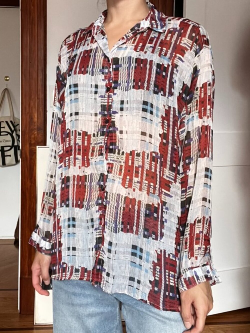 Abstract Geometric Sheer Long Sleeve Button Down